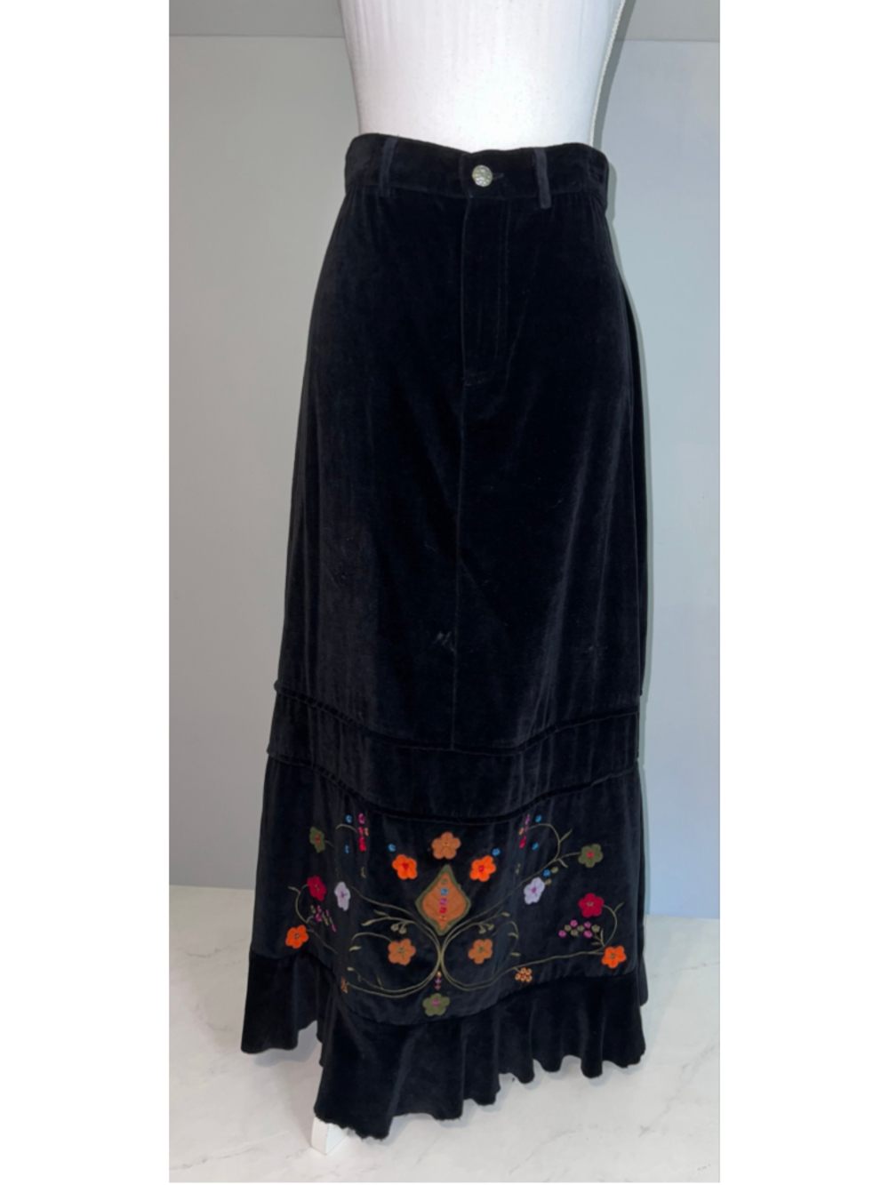 WhimsyGoth Black Velvet Maxi Skirt with Floral Embroidery, Size L